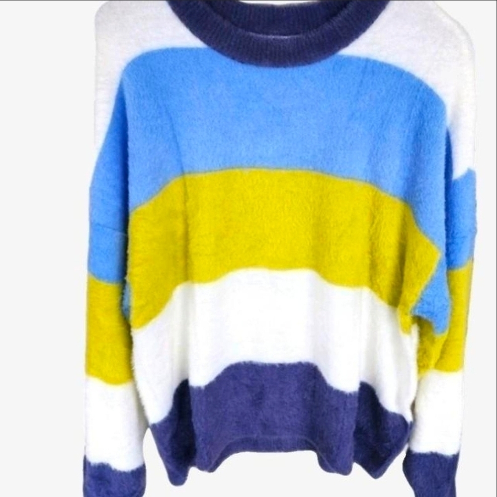 Aerie Soft Fuzzy Blue Lime Colorful Striped Women's Sweater